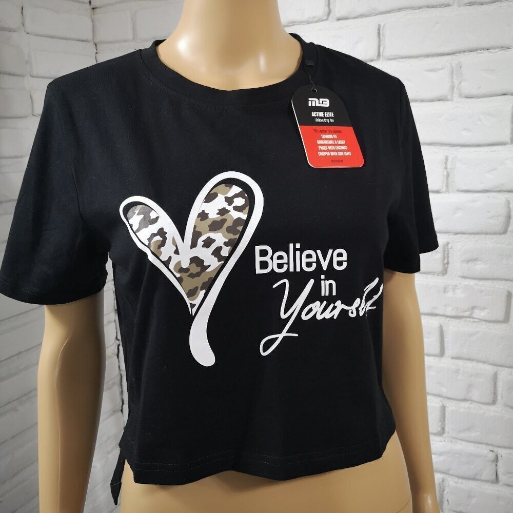 NWT MuscleBox Ladies Motivational Size Medium Black Cropped Training Fit T-shirt